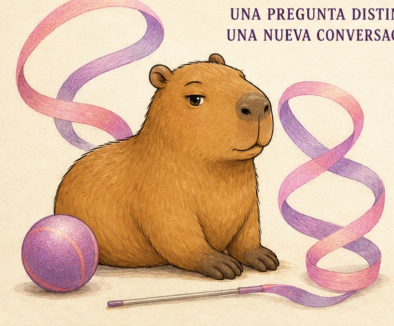 Teto, la capibara de EPIC!-TETO, junto a una cinta y una pelota de gimnasia rítmica
